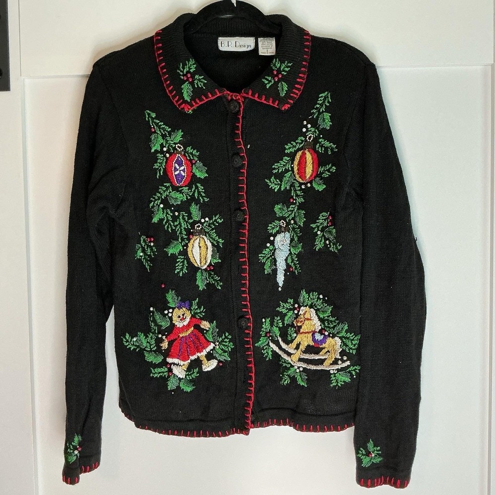 Vintage BP Design black Christmas sweater embroidery‎ womens Small Cottagecore